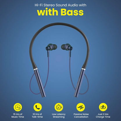 pTron Tangent Plus Magnetic in-Ear Wireless Bluetooth 5.0 Headphones, 15hrs Playback with Deep Bass, TF Player & Selfie Feature, IPX4 Water/Sweat Resistant, Ergonomic Neckband with Mic - (Dark Blue)