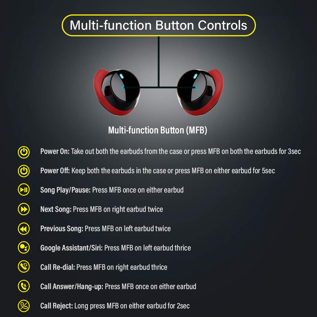 pTron Bassbuds Elite True Wireless Headphones (TWS), Bluetooth 5.0, Hi-Fi Sound with Bass, Passive Noise Cancellation & Mic - (Black & Red)