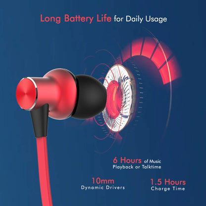 pTron Bassfest Plus Magnetic In-Ear Bluetooth 5.0 Wireless Headphones, Stereo Sound with Bass, IPX4 Water & Sweat Resistant, Voice Assistance, Ergonomic & Lightweight, Built-in Mic - (Black & Red)