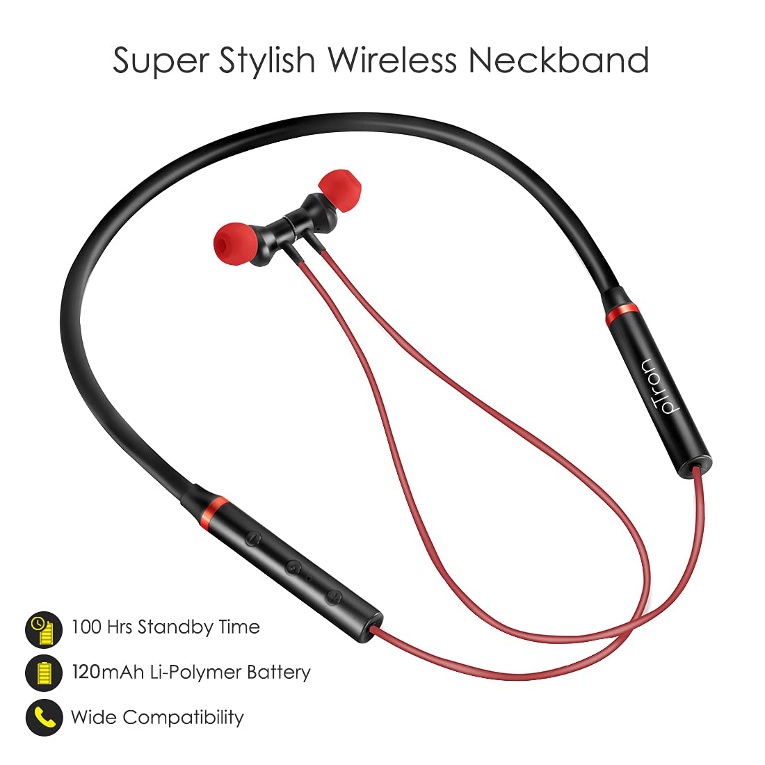 pTron Tangentbeat Magnetic In-Ear Wireless Bluetooth Headphones with Mic - (Black & Red)