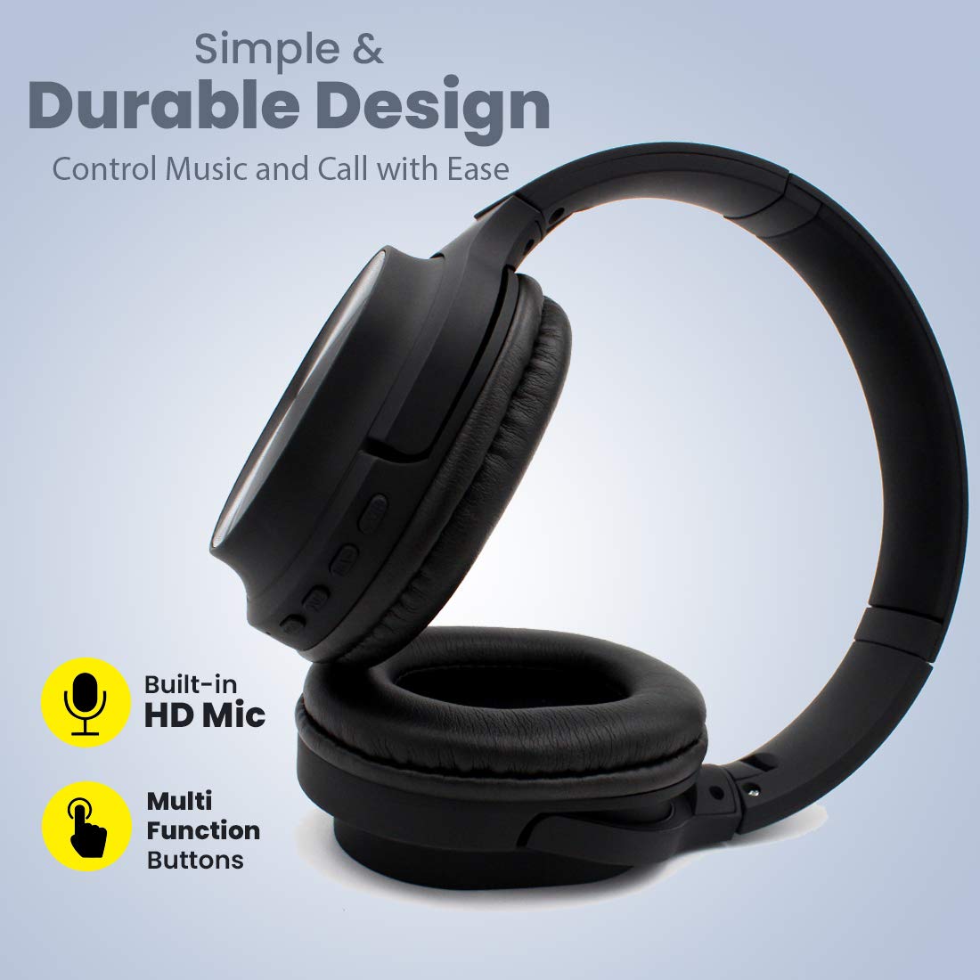 pTron Studio Classic Over Ear Wireless Headphones, Bluetooth 5.0, Hi-Fi Sound with Bass, 20Hrs Playback, Ergonomic & Foldable Wireless Headset, Soft Cushions, TF Card Slot & Aux Port - (Black)