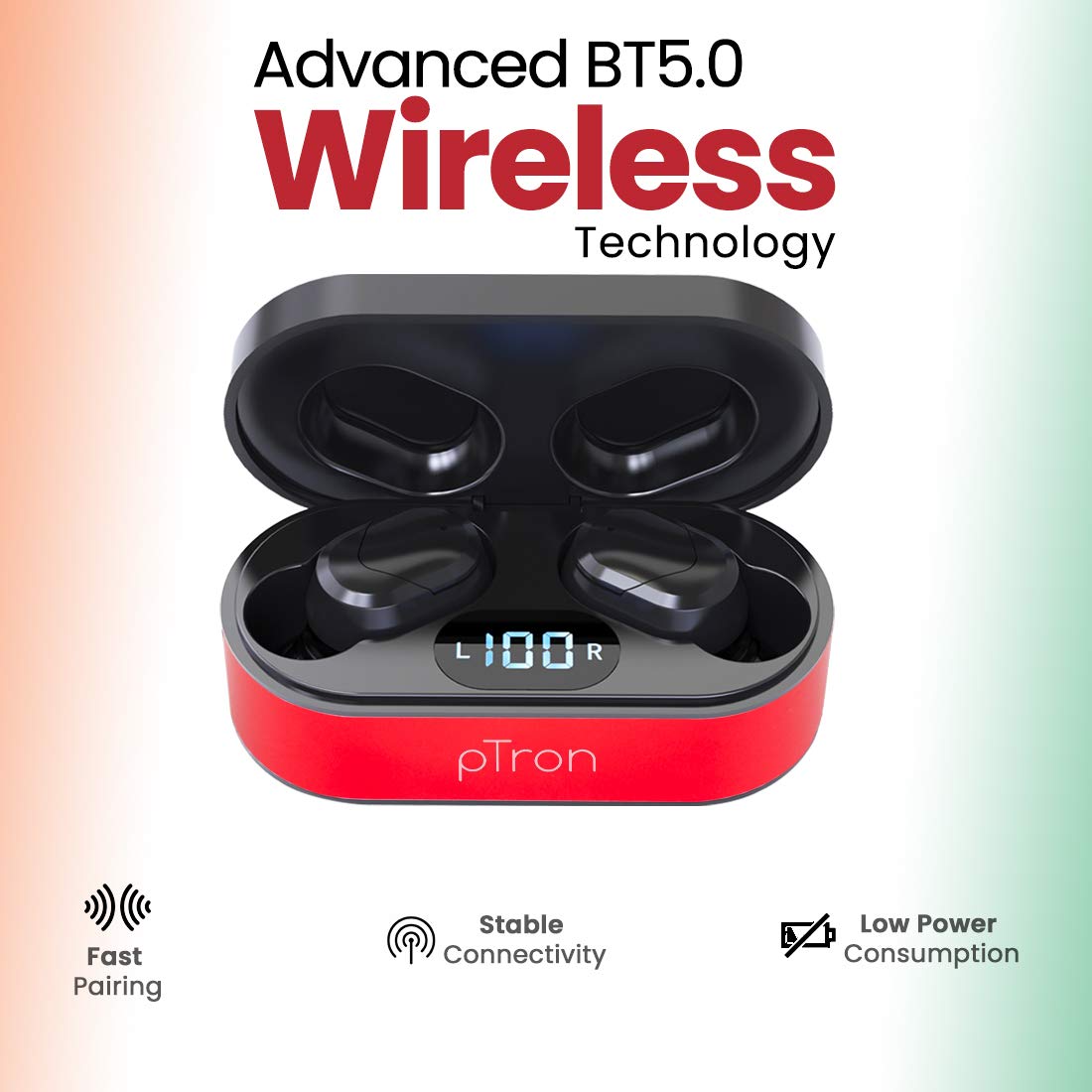 pTron Bassbuds Plus In-Ear True Wireless Stereo Headphones (TWS) with Mic - (Red & Black)