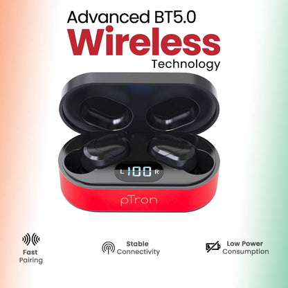 pTron Bassbuds Plus In-Ear True Wireless Stereo Headphones (TWS) with Mic - (Red & Black)