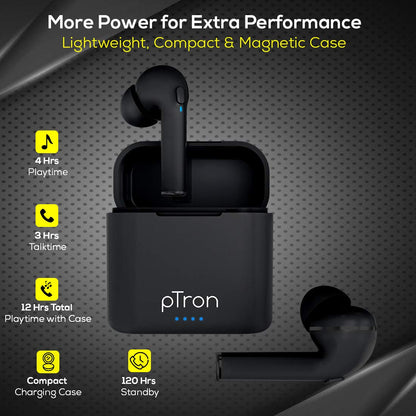 pTron Bassbuds Vista in-Ear True Wireless Bluetooth 5.1 Headphones with Deep Bass, IPX4 Water/Sweat Resistant, Passive Noise Cancelation, Voice Assistance & Earbuds with Built-in HD Mic - (Black)