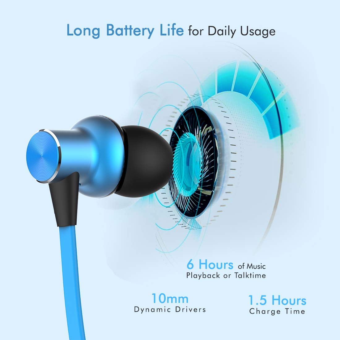 pTron Bassfest Plus Magnetic in-Ear Bluetooth 5.0 Wireless Headphones, Stereo Sound with Bass, IPX4 Water & Sweat Resistant, Voice Assistance, Ergonomic & Lightweight, Built-in Mic - (Black & Blue)