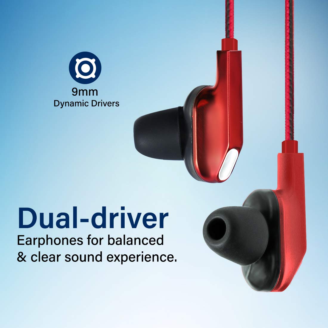 pTron Boom Lite in-Ear Wired Earphones with Stereo Sound, Dual Drivers, Ergonomic & Secure-fit, 1.2M Tangle-Free Braided Cable, Gold-Plated 3.5mm Audio Jack, in-line Mic & Volume Control - (Red)