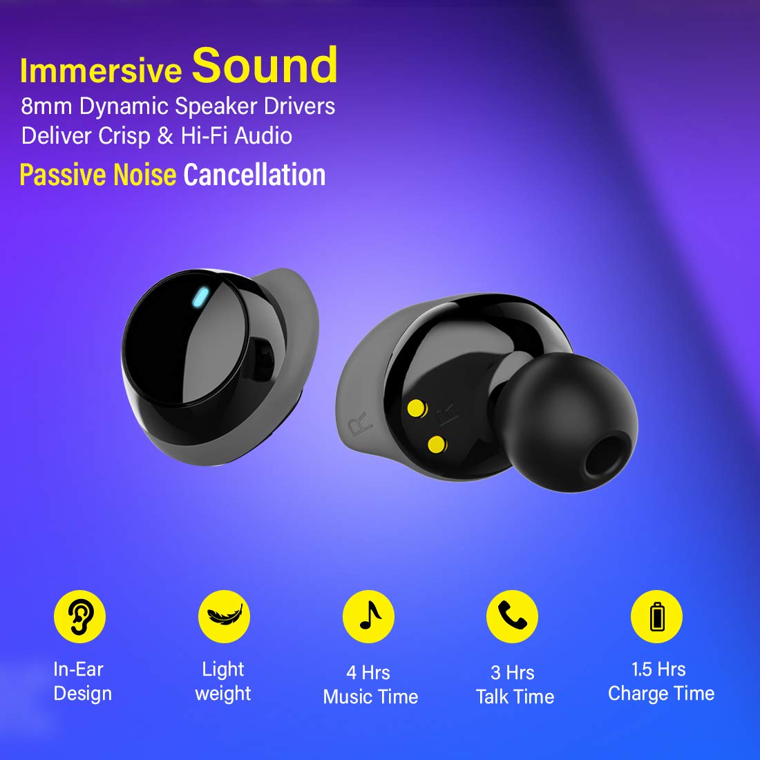 pTron Bassbuds Elite True Wireless Headphones (TWS), Bluetooth 5.0, Hi-Fi Sound with Bass, Ergonomic Earbuds, Auto Pairing, Passive Noise Cancellation, Voice Assistance & Built-in Mic - (Black & Grey)