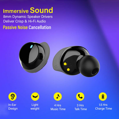 pTron Bassbuds Elite True Wireless Headphones (TWS), Bluetooth 5.0, Hi-Fi Sound with Bass, Ergonomic Earbuds, Auto Pairing, Passive Noise Cancellation, Voice Assistance & Built-in Mic - (Black & Grey)