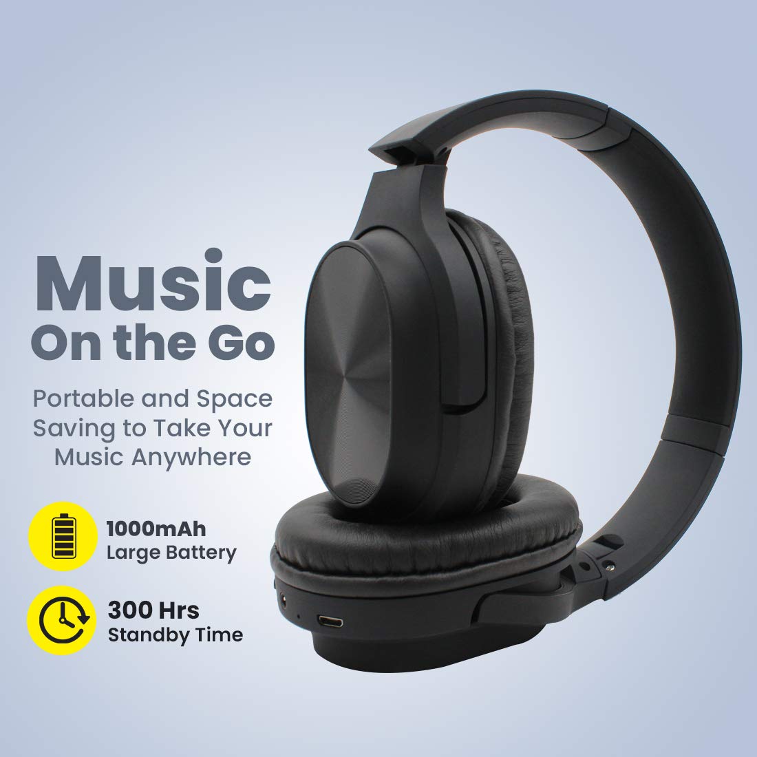 pTron Studio Classic Over Ear Wireless Headphones, Bluetooth 5.0, Hi-Fi Sound with Bass, 20Hrs Playback, Ergonomic & Foldable Wireless Headset, Soft Cushions, TF Card Slot & Aux Port - (Black)