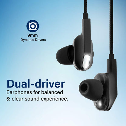 pTron Boom Lite in-Ear Wired Earphones with Stereo Sound, Dual Drivers, Ergonomic & Secure-fit, 1.2M Tangle-Free Braided Cable, Gold-Plated 3.5mm Audio Jack, in-line Mic & Volume Control - (Blue)