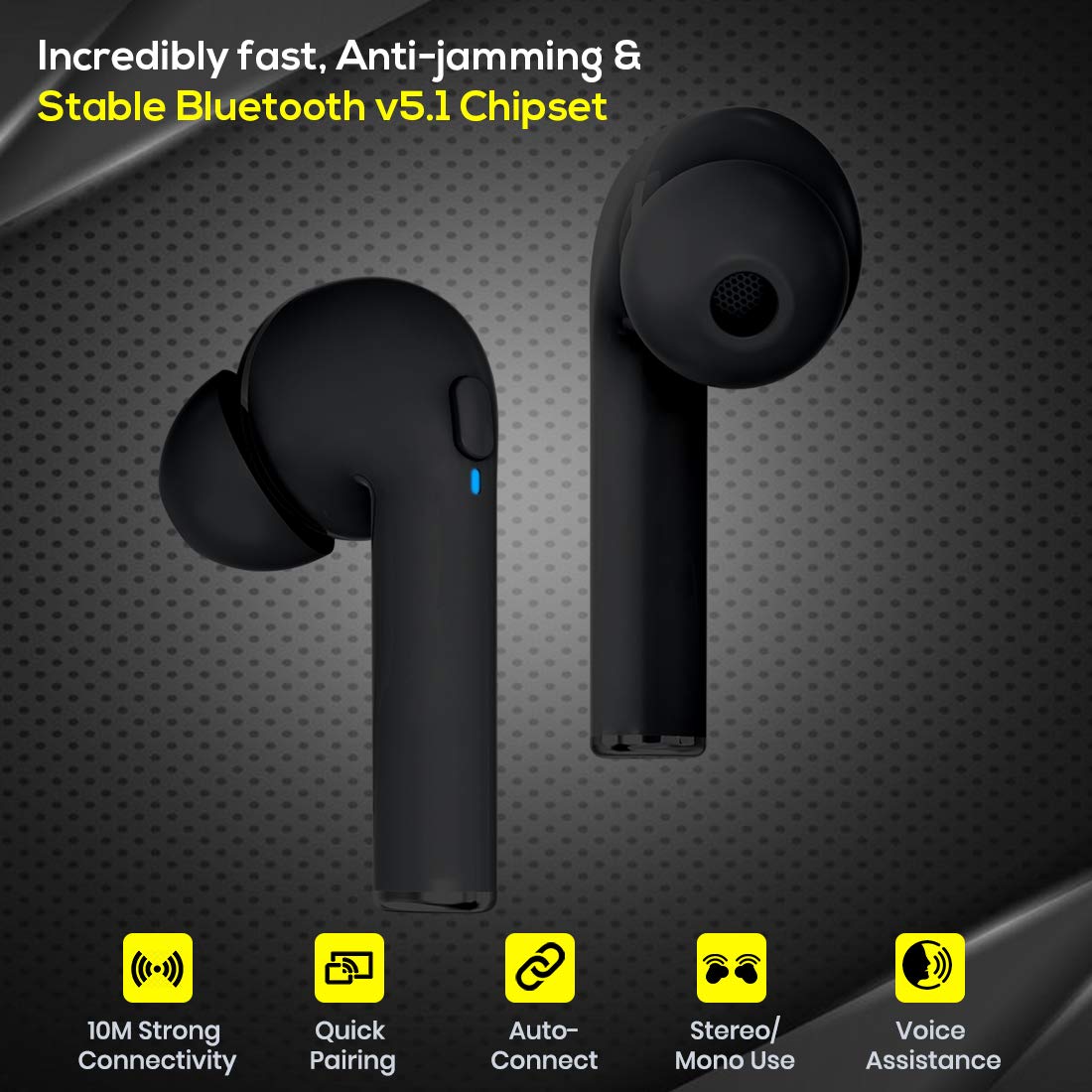 pTron Bassbuds Vista in-Ear True Wireless Bluetooth 5.1 Headphones with Deep Bass, IPX4 Water/Sweat Resistant, Passive Noise Cancelation, Voice Assistance & Earbuds with Built-in HD Mic - (Black)