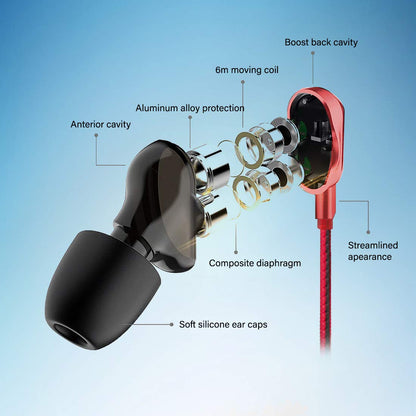 pTron Boom Lite in-Ear Wired Earphones with Stereo Sound, Dual Drivers, Ergonomic & Secure-fit, 1.2M Tangle-Free Braided Cable, Gold-Plated 3.5mm Audio Jack, in-line Mic & Volume Control - (Red)