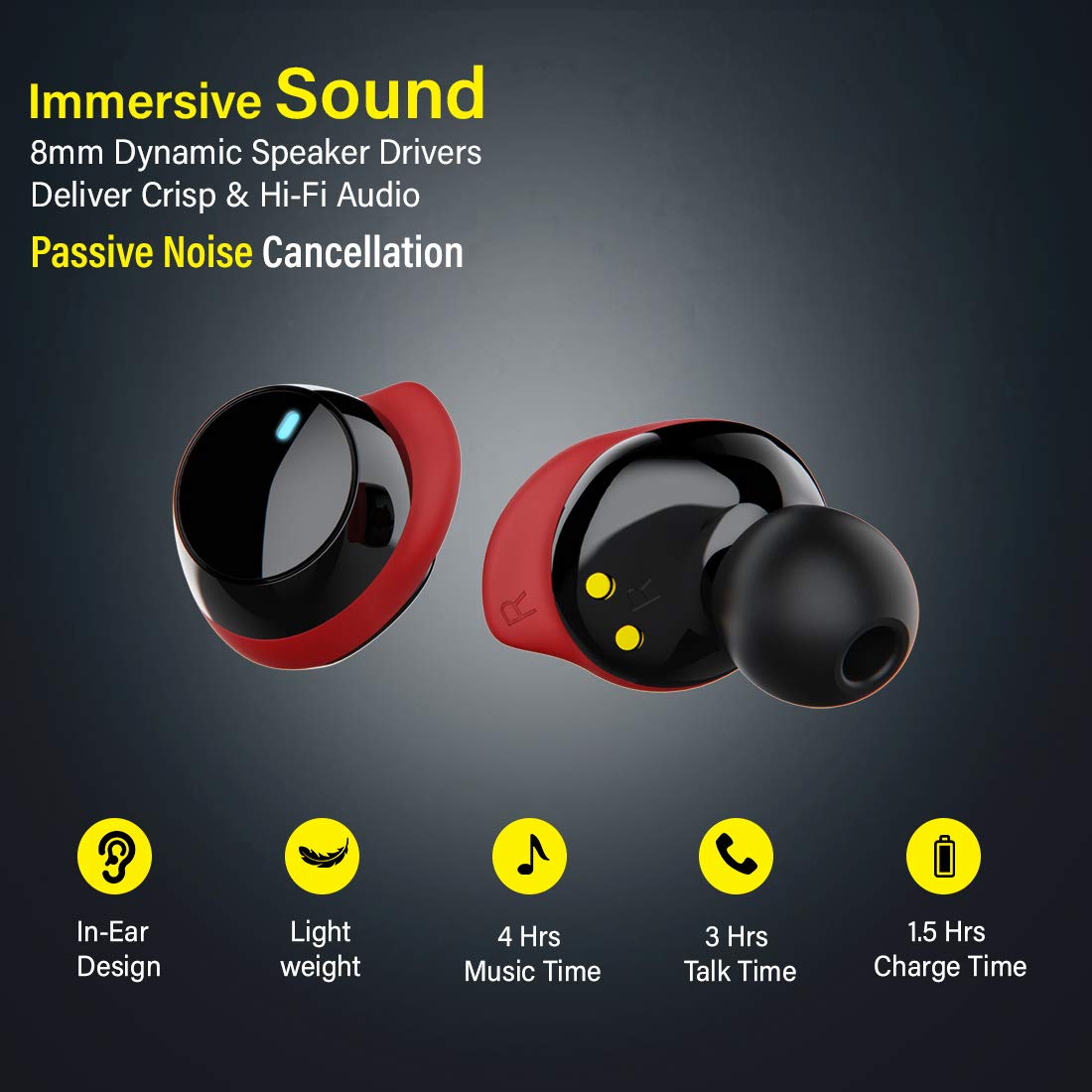 pTron Bassbuds Elite True Wireless Headphones (TWS), Bluetooth 5.0, Hi-Fi Sound with Bass, Passive Noise Cancellation & Mic - (Black & Red)