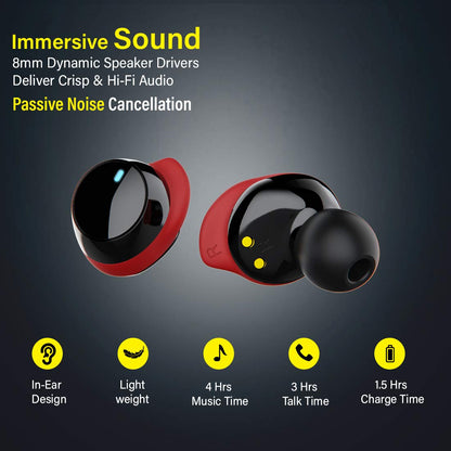 pTron Bassbuds Elite True Wireless Headphones (TWS), Bluetooth 5.0, Hi-Fi Sound with Bass, Passive Noise Cancellation & Mic - (Black & Red)