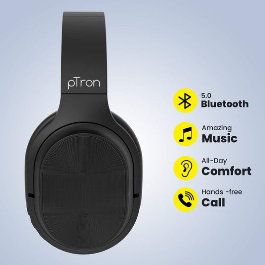 pTron Studio Classic Over Ear Wireless Headphones, Bluetooth 5.0, Hi-Fi Sound with Bass, 20Hrs Playback, Ergonomic & Foldable Wireless Headset, Soft Cushions, TF Card Slot & Aux Port - (Black)