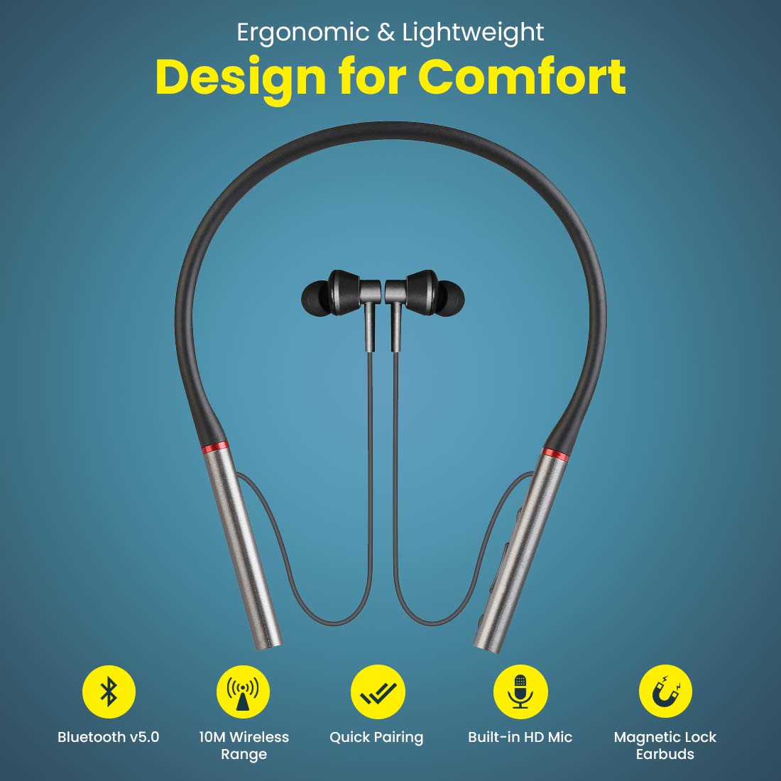 pTron Tangent Plus Magnetic in-Ear Wireless Bluetooth 5.0 Headphones, 15hrs Playback with Deep Bass, TF Player/Selfie Feature, IPX4 Water/Sweat Resistant, Ergonomic Neckband with Mic - (Black & Grey)