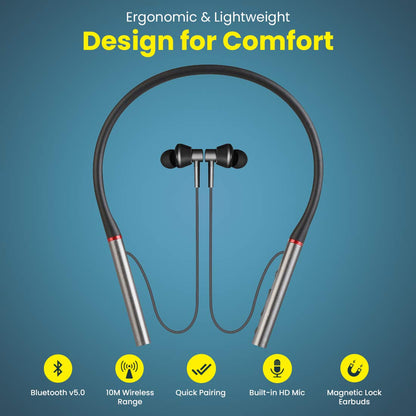 pTron Tangent Plus Magnetic in-Ear Wireless Bluetooth 5.0 Headphones, 15hrs Playback with Deep Bass, TF Player/Selfie Feature, IPX4 Water/Sweat Resistant, Ergonomic Neckband with Mic - (Black & Grey)