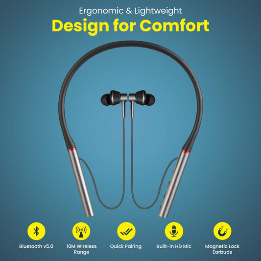 pTron Tangent Plus Magnetic in-Ear Wireless Bluetooth 5.0 Headphones, 15hrs Playback with Deep Bass, TF Player/Selfie Feature, IPX4 Water/Sweat Resistant, Ergonomic Neckband with Mic - (Black & Grey)