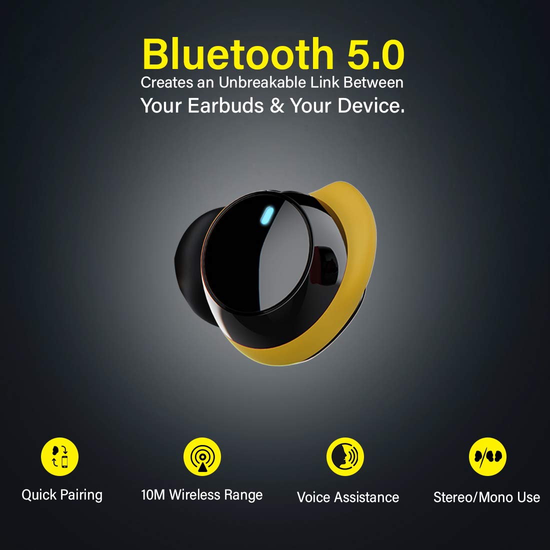 pTron Bassbuds Elite True Wireless Headphones (TWS), Bluetooth 5.0, Hi-Fi Sound with Bass, Auto Pairing, Passive Noise Cancellation, Voice Assistance, 12Hrs Playtime with Case & Mic - (Black & Yellow)