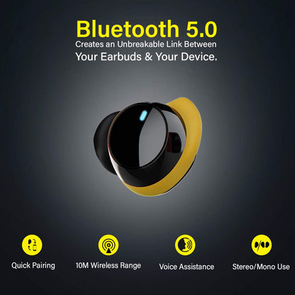pTron Bassbuds Elite True Wireless Headphones (TWS), Bluetooth 5.0, Hi-Fi Sound with Bass, Auto Pairing, Passive Noise Cancellation, Voice Assistance, 12Hrs Playtime with Case & Mic - (Black & Yellow)