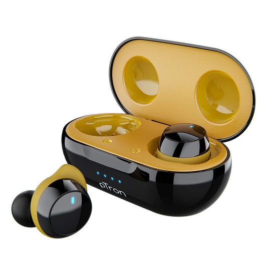 pTron Bassbuds Elite True Wireless Headphones (TWS), Bluetooth 5.0, Hi-Fi Sound with Bass, Auto Pairing, Passive Noise Cancellation, Voice Assistance, 12Hrs Playtime with Case & Mic - (Black & Yellow)