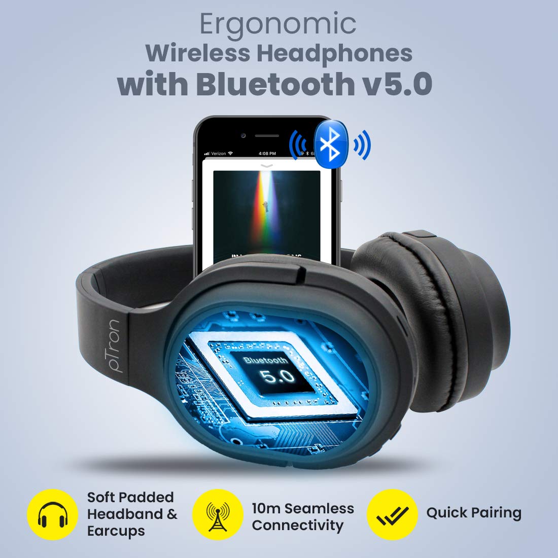 pTron Studio Classic Over Ear Wireless Headphones, Bluetooth 5.0, Hi-Fi Sound with Bass, 20Hrs Playback, Ergonomic & Foldable Wireless Headset, Soft Cushions, TF Card Slot & Aux Port - (Black)