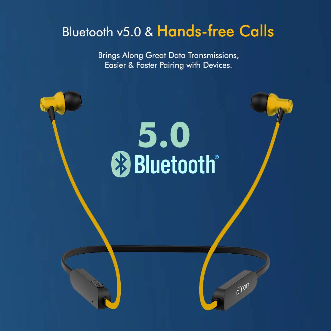 pTron Bassfest Plus Magnetic In-Ear Bluetooth 5.0 Wireless Headphones, Stereo Sound with Bass, IPX4 Water & Sweat Resistant, Voice Assistance, Ergonomic & Lightweight, Built-in Mic - (Black & Yellow)