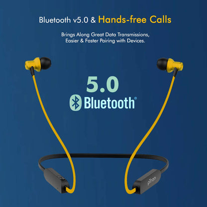 pTron Bassfest Plus Magnetic In-Ear Bluetooth 5.0 Wireless Headphones, Stereo Sound with Bass, IPX4 Water & Sweat Resistant, Voice Assistance, Ergonomic & Lightweight, Built-in Mic - (Black & Yellow)