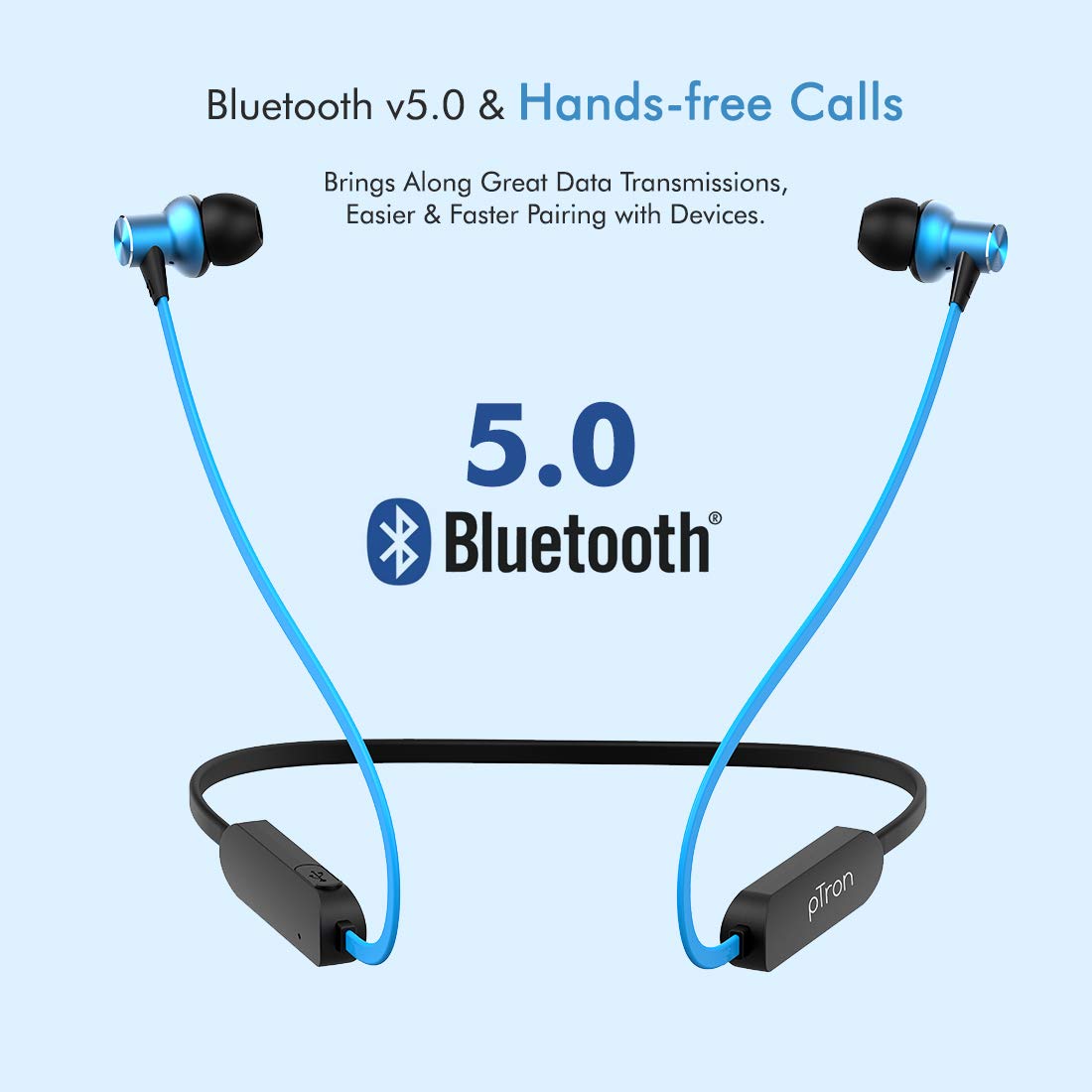 pTron Bassfest Plus Magnetic in-Ear Bluetooth 5.0 Wireless Headphones, Stereo Sound with Bass, IPX4 Water & Sweat Resistant, Voice Assistance, Ergonomic & Lightweight, Built-in Mic - (Black & Blue)