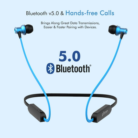 pTron Bassfest Plus Magnetic in-Ear Bluetooth 5.0 Wireless Headphones, Stereo Sound with Bass, IPX4 Water & Sweat Resistant, Voice Assistance, Ergonomic & Lightweight, Built-in Mic - (Black & Blue)