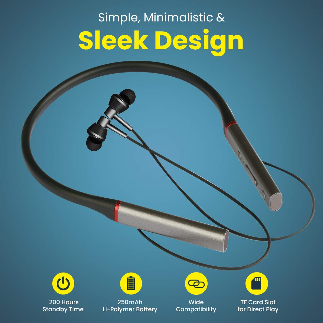 pTron Tangent Plus Magnetic in-Ear Wireless Bluetooth 5.0 Headphones, 15hrs Playback with Deep Bass, TF Player/Selfie Feature, IPX4 Water/Sweat Resistant, Ergonomic Neckband with Mic - (Black & Grey)