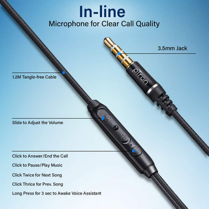pTron Boom Lite in-Ear Wired Earphones with Stereo Sound, Dual Drivers, Ergonomic & Secure-fit, 1.2M Tangle-Free Braided Cable, Gold-Plated 3.5mm Audio Jack, in-line Mic & Volume Control - (Blue)