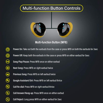 pTron Bassbuds Elite True Wireless Headphones (TWS), Bluetooth 5.0, Hi-Fi Sound with Bass, Auto Pairing, Passive Noise Cancellation, Voice Assistance, 12Hrs Playtime with Case & Mic - (Black & Yellow)