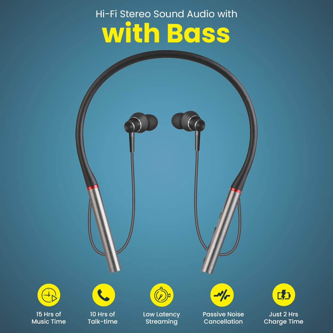 pTron Tangent Plus Magnetic in-Ear Wireless Bluetooth 5.0 Headphones, 15hrs Playback with Deep Bass, TF Player/Selfie Feature, IPX4 Water/Sweat Resistant, Ergonomic Neckband with Mic - (Black & Grey)