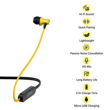 pTron Avento Classic Bluetooth 5.0 Wireless Earphones with Deep Bass & Voice Assistance (Black/Yellow)
