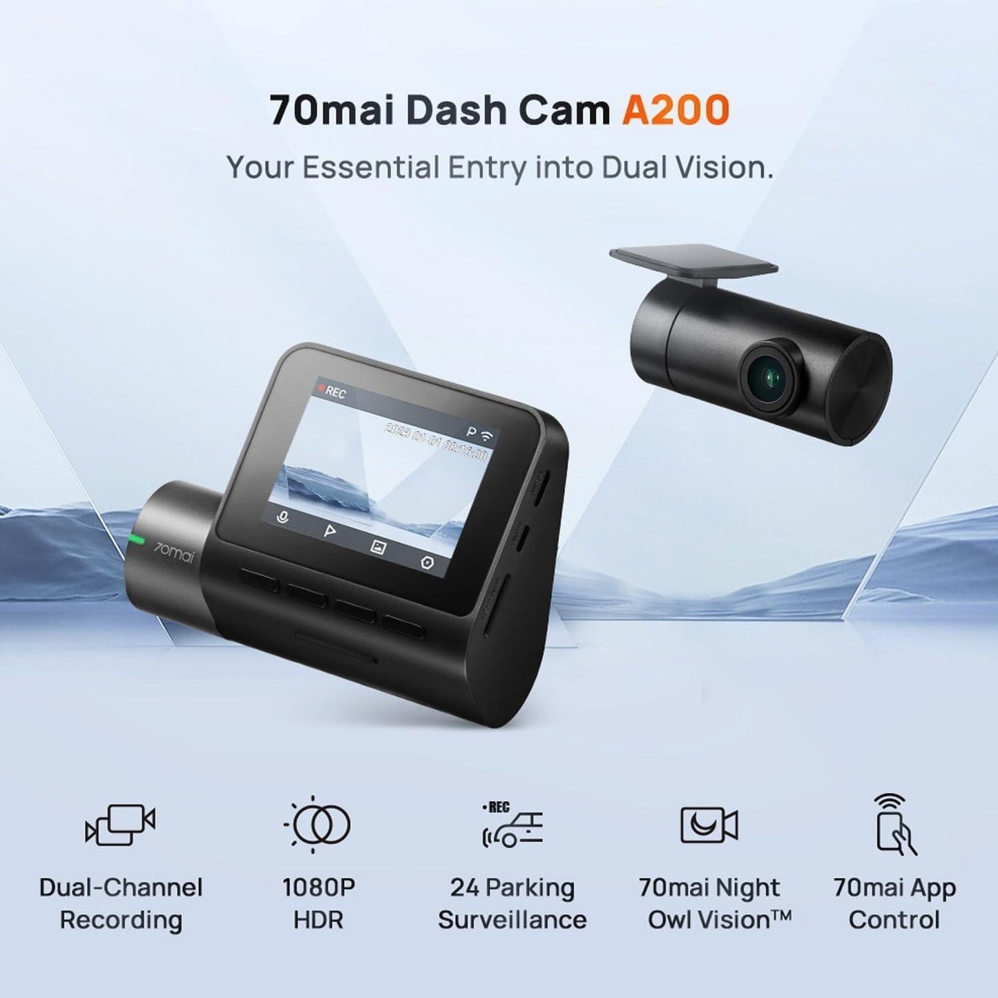 70mai A200 HDR Dual Dash Camera, 1080P HDR Front & 1080P Rear, Night Owl Vision, MaiColour Vivid+, G-Sensor, App Playback & Share, Optional Parking Monitoring