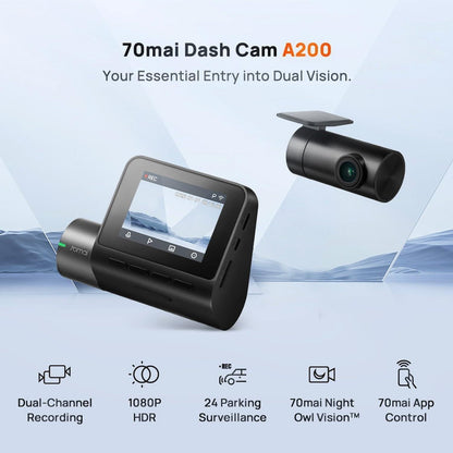 70mai A200 HDR Dual Dash Camera, 1080P HDR Front & 1080P Rear, Night Owl Vision, MaiColour Vivid+, G-Sensor, App Playback & Share, Optional Parking Monitoring