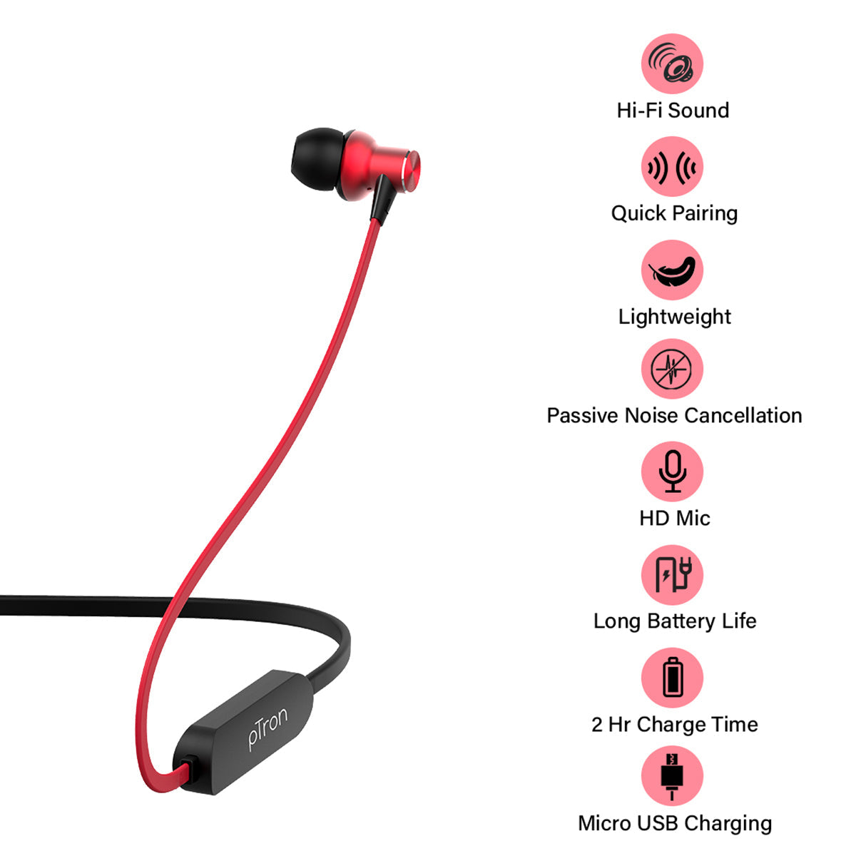 pTron Avento Classic Bluetooth 5.0 Wireless Earphones with Deep Bass & Voice Assistance (Black/Red)
