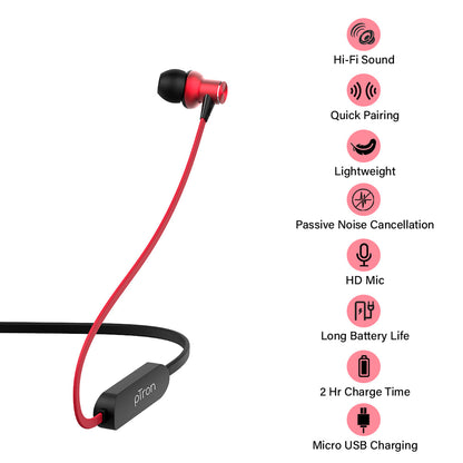 pTron Avento Classic Bluetooth 5.0 Wireless Earphones with Deep Bass & Voice Assistance (Black/Red)