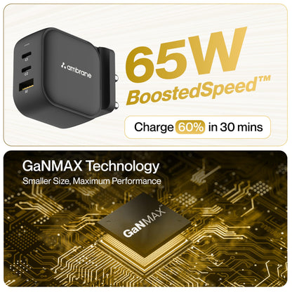 Ambrane 65W Charger Adapter, 3 Ports - 2 Type C & 1 USB for Samsung, Type C Laptops: MacBook, Dell, HP, ASUS, Fast Charger with PD Technology & GaN Technology for All Devices (RAAP G65, Black)