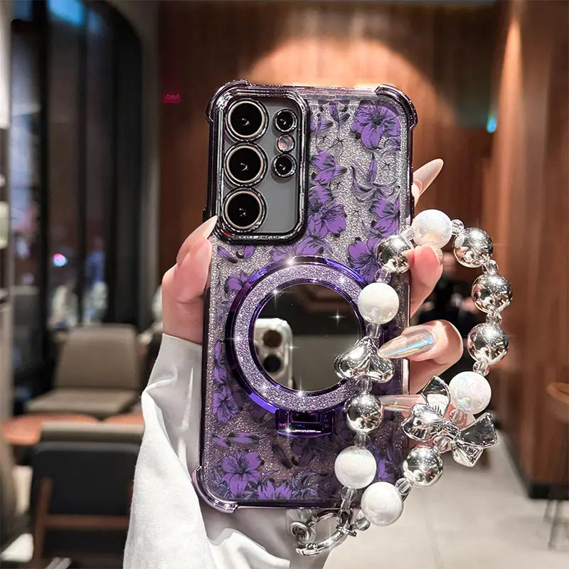 Bloom Glitter Mirror Stand Case With Charm - Samsung