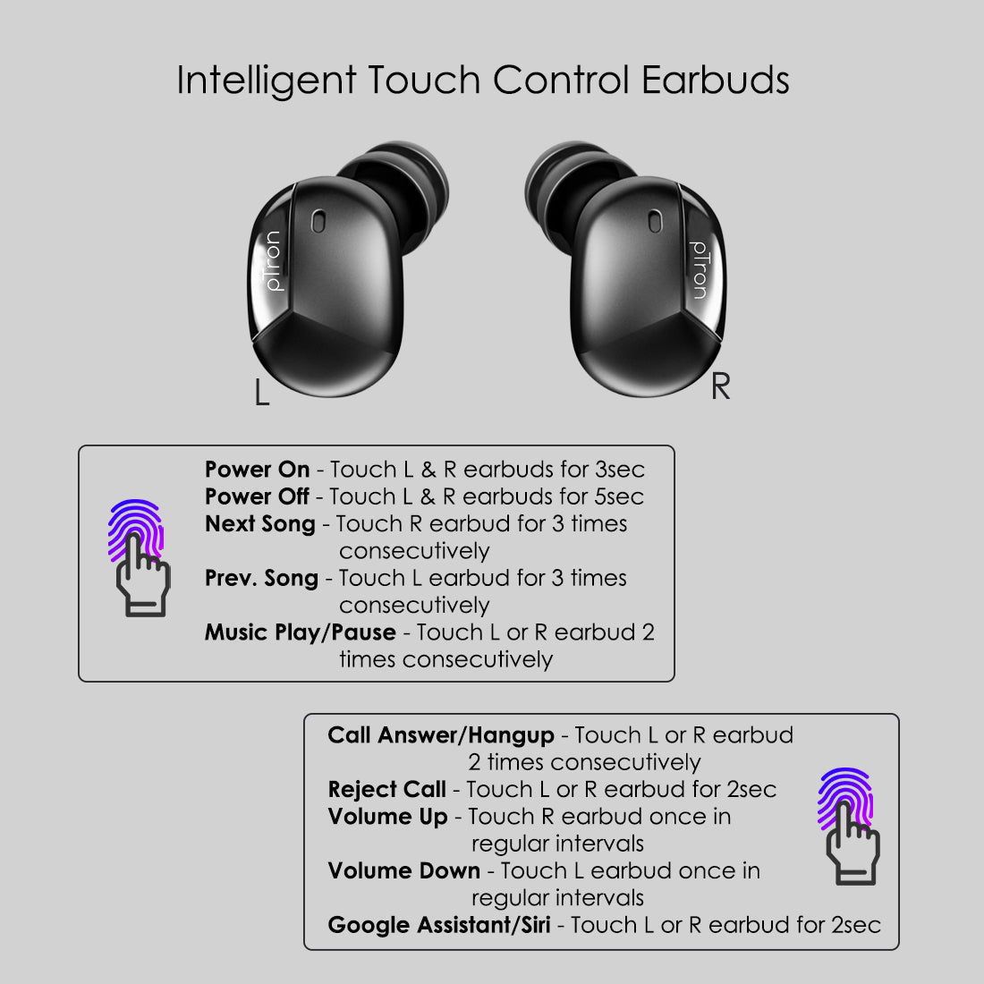 pTron Bassbuds Urban True Wireless Stereo Earphones with Deep Bass & Touch Control (Black)