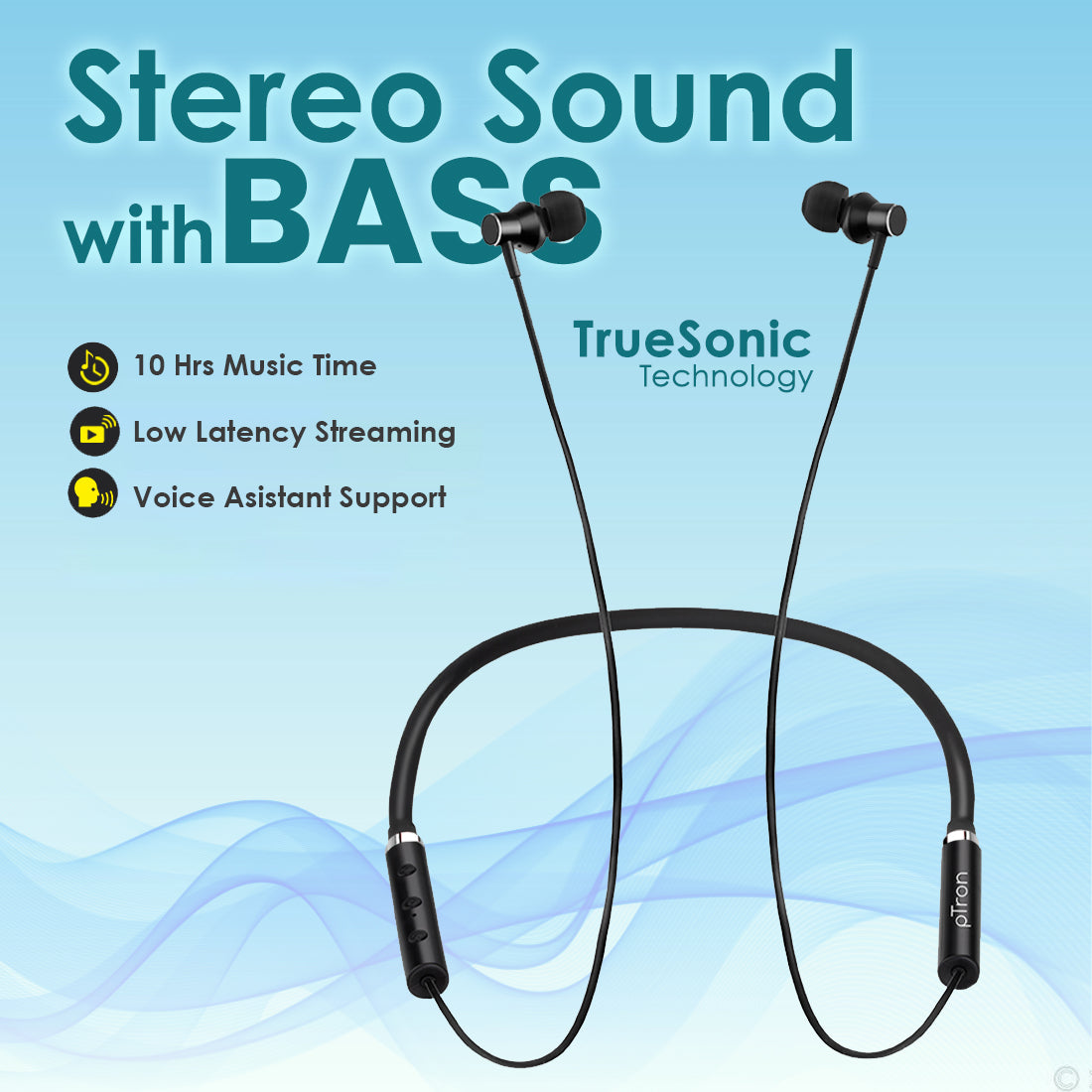 pTron Tangentbeat Magnetic In-Ear Wireless Bluetooth Headphones with Mic - (Black)