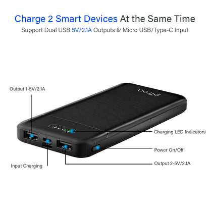 pTron Dynamo Lite 10000mAh Li-Polymer Power Bank, Made in India, 10W 2.1A Fast Charging Power Bank for Smartphones & Dual USB Ports, Type C & Micro USB Input, Safe & Reliable - (Black)