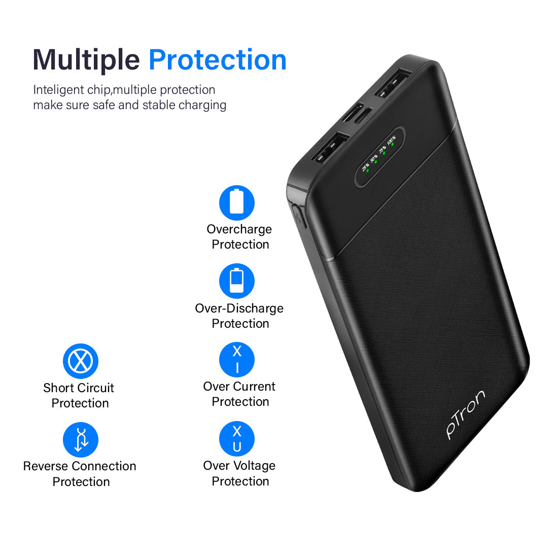 pTron Dynamo Lite 10000mAh Li-Polymer Power Bank, Made in India, 10W 2.1A Fast Charging Power Bank for Smartphones & Dual USB Ports, Type C & Micro USB Input, Safe & Reliable - (Black)