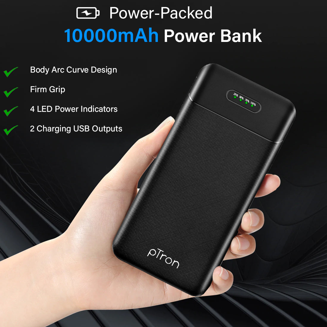 pTron Dynamo Lite 10000mAh Li-Polymer Power Bank, Made in India, 10W 2.1A Fast Charging Power Bank for Smartphones & Dual USB Ports, Type C & Micro USB Input, Safe & Reliable - (Black)