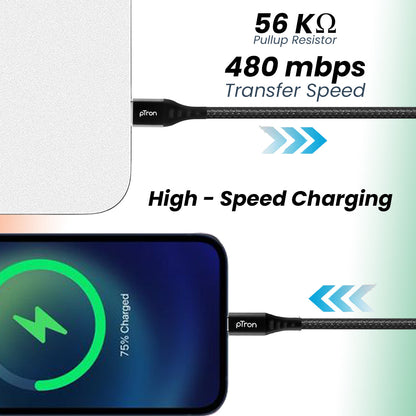 pTron Solero TB301 3A Type-C Data & Fast Charging Cable, Made in India, 480Mbps Data Sync, Strong & Durable 1.5 m Nylon Braided USB Cable for Type-C Devices - (Black)