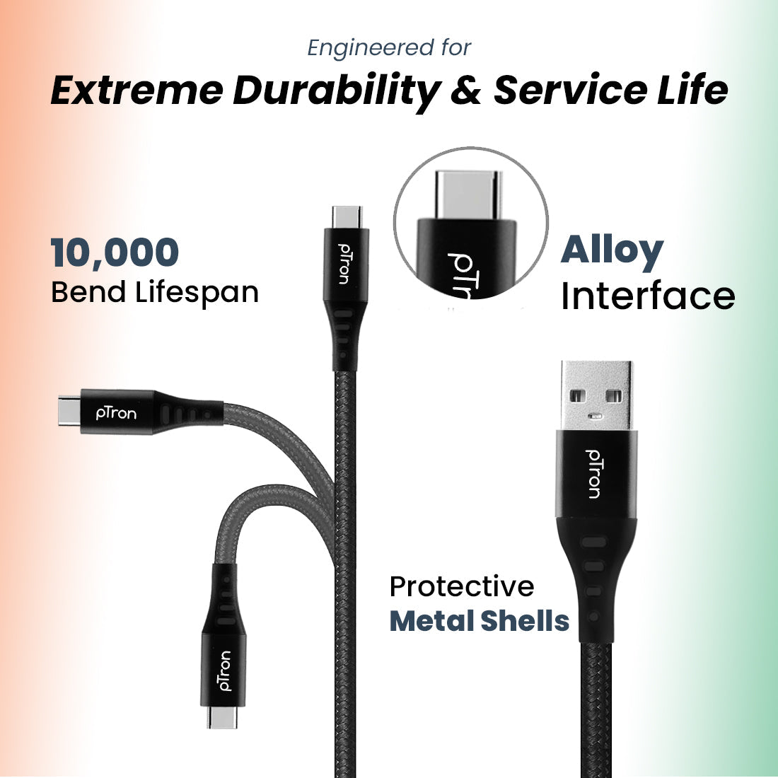pTron Solero TB301 3A Type-C Data & Fast Charging Cable, Made in India, 480Mbps Data Sync, Strong & Durable 1.5 m Nylon Braided USB Cable for Type-C Devices - (Black)