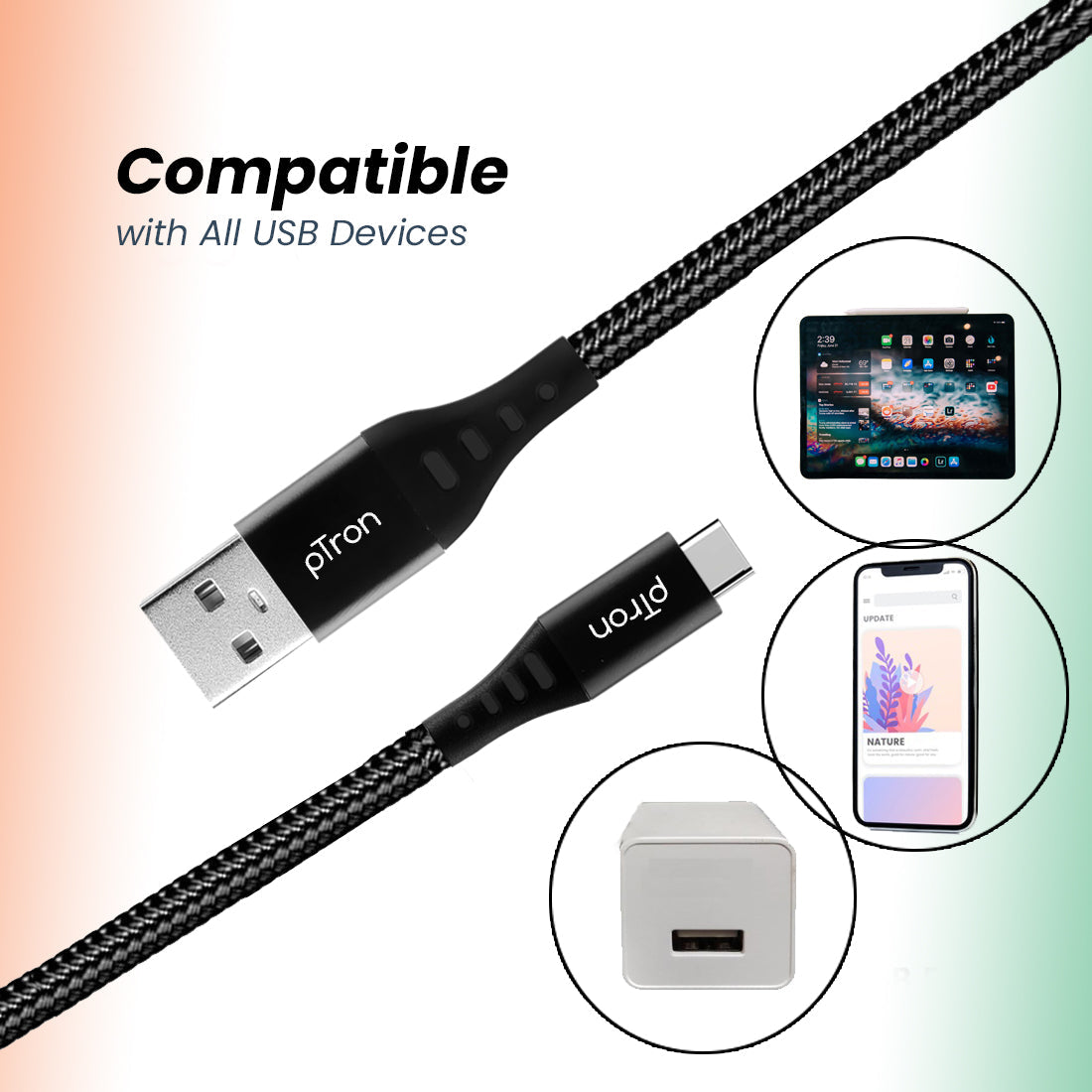 pTron Solero TB301 3A Type-C Data & Fast Charging Cable, Made in India, 480Mbps Data Sync, Strong & Durable 1.5 m Nylon Braided USB Cable for Type-C Devices - (Black)