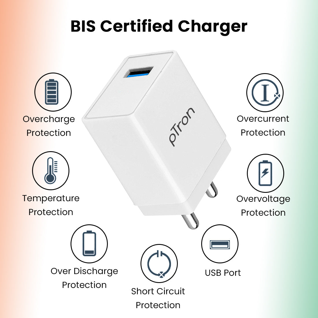pTron Volta Plus 17W USB Smart Charger, Made in India, BIS Certified, Fast Charging Power Adaptor Without Cable for All iOS & Android Devices - (White)